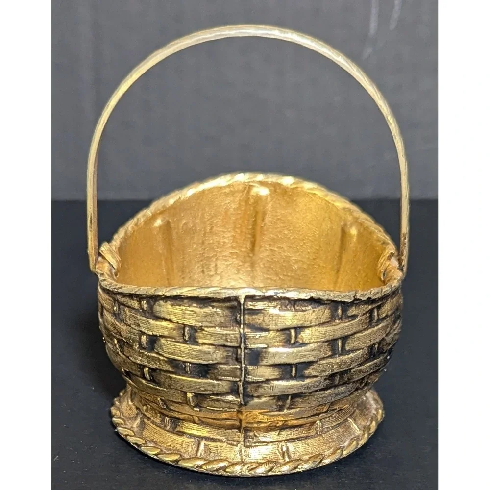 Vintage Solid Brass Woven Basket With Braided Handle Original Felt Bottom 3.75